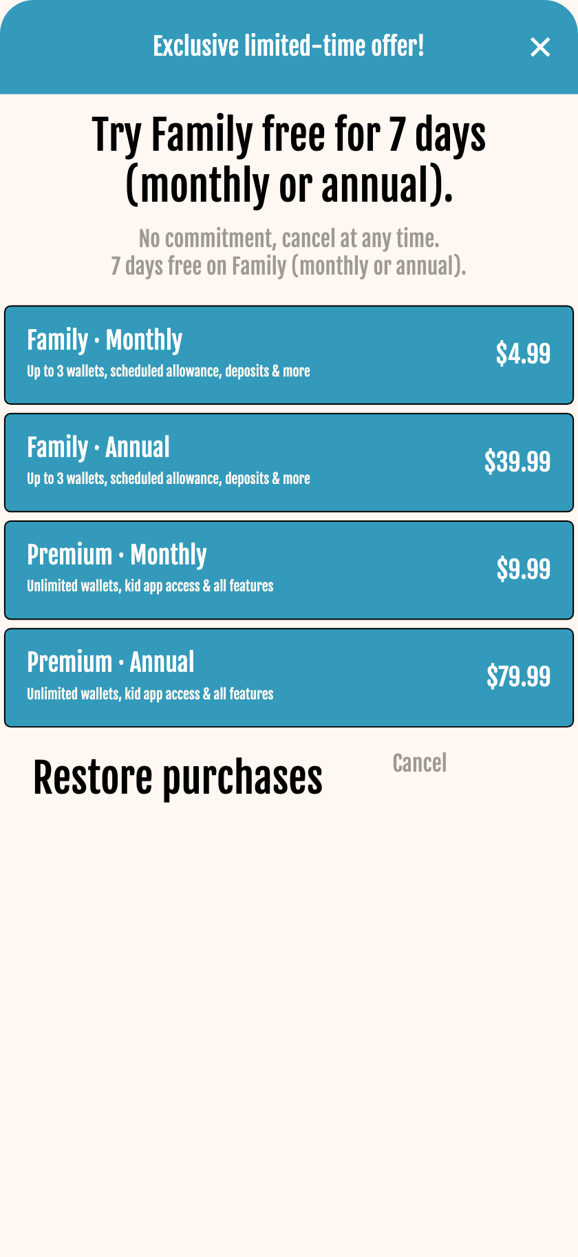 KidsWallet subscription screen