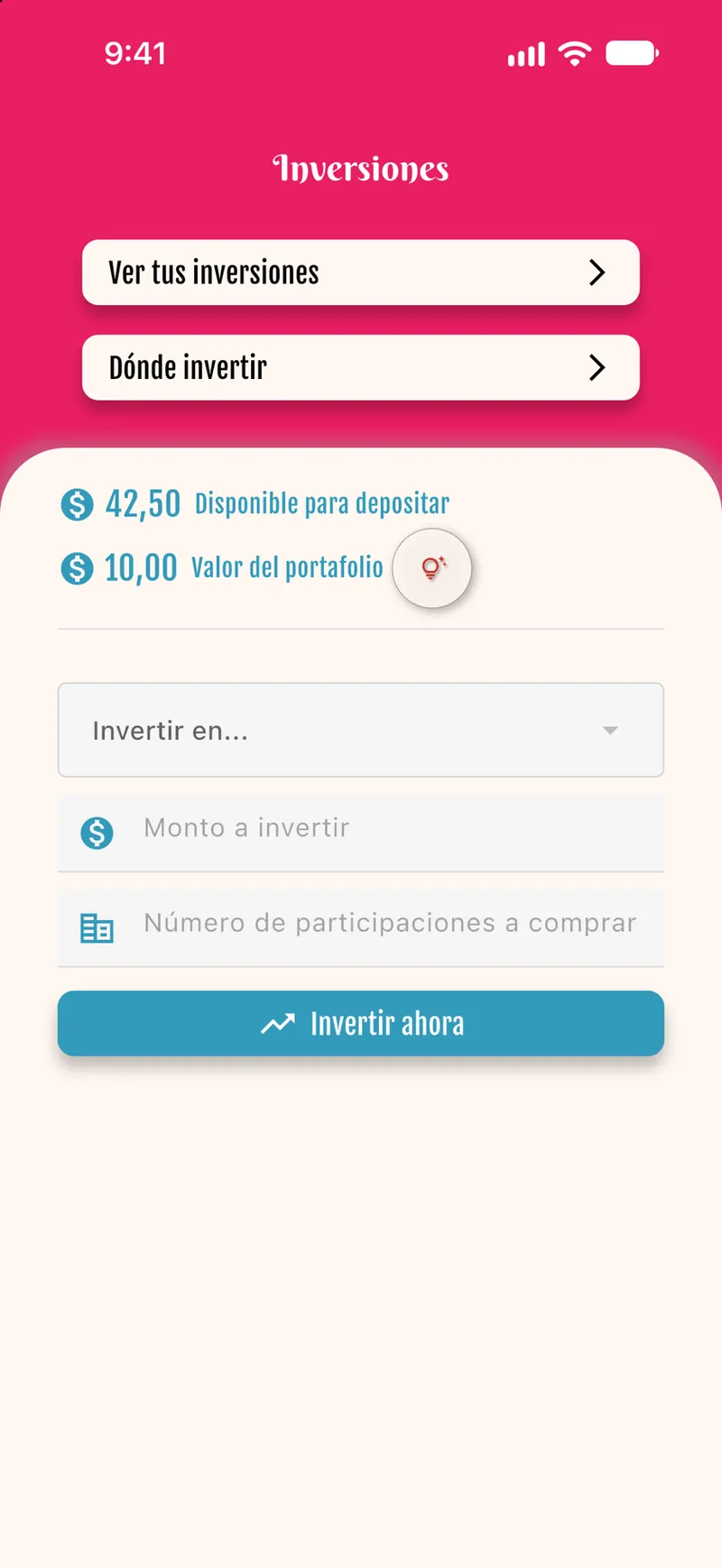 Pantalla de inversiones y cartera para adolescentes