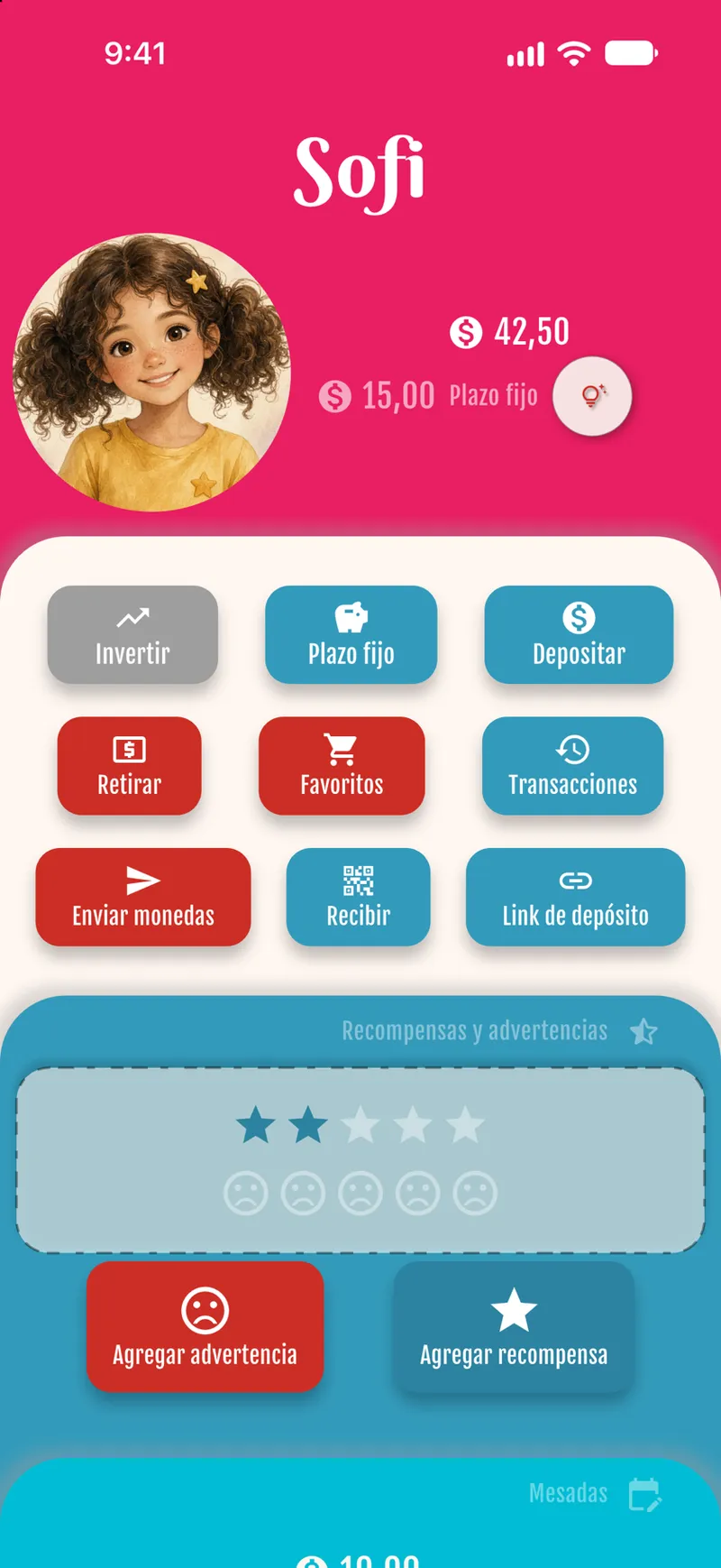 Pantalla de detalle de la billetera con saldo y acciones