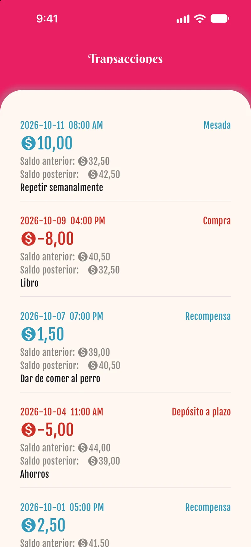 Pantalla del historial de transacciones de la billetera