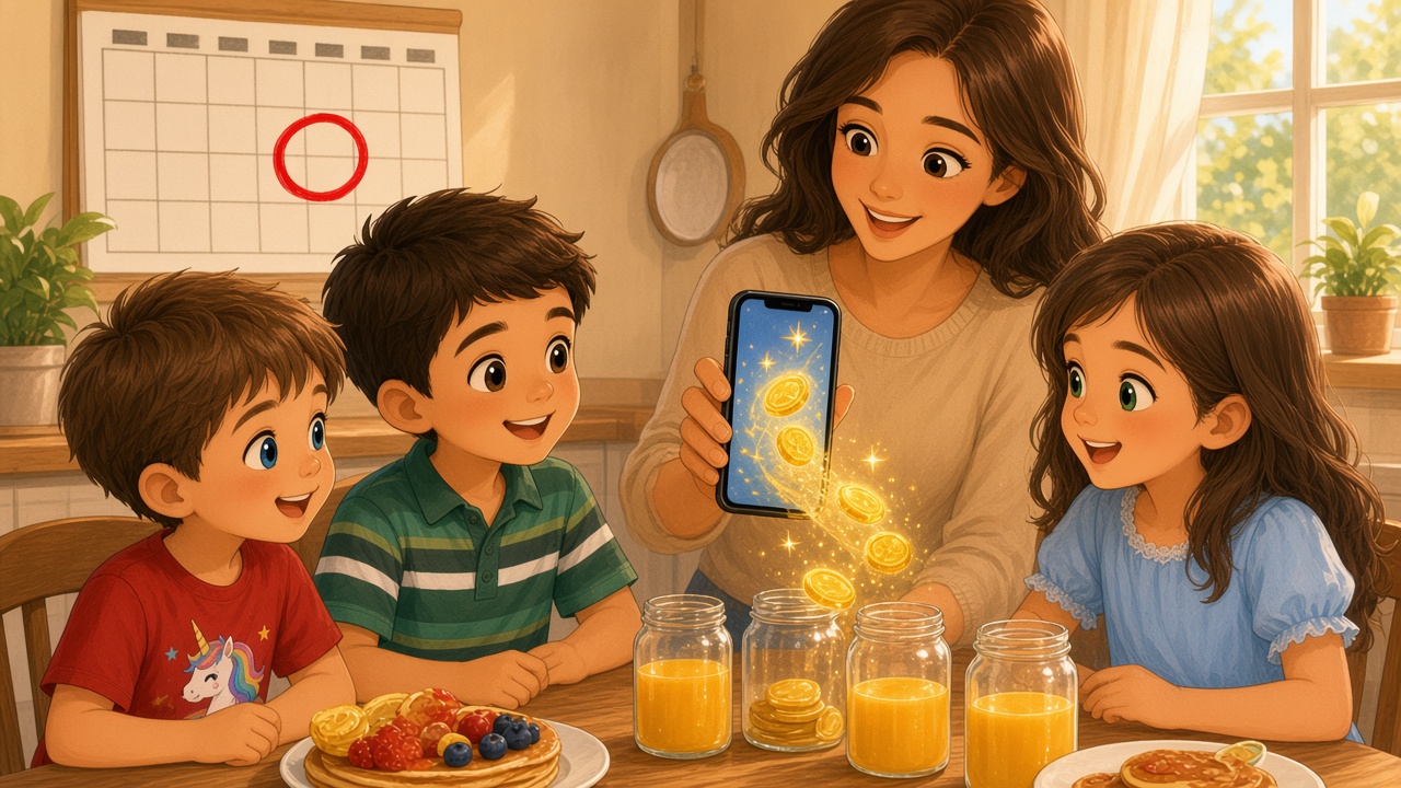 Storybook illustration: on a Friday morning by a wall calendar with one day circled, a mum holds her phone toward the viewer as golden coins drift gently toward small jars, while three kids watch happily at breakfast.