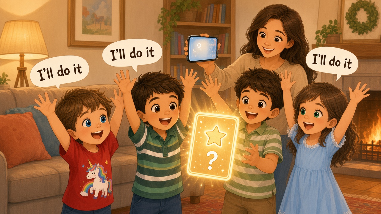 Storybook illustration: in a living room, a glowing paper card with a question mark and a star floats in the air while three kids — a boy in a red unicorn T-shirt, a boy in a green striped polo and a girl in a light blue dress — raise their hands eagerly, and their mum smiles behind them holding her phone toward the viewer.