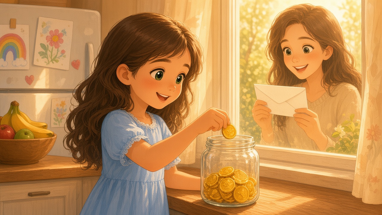 Storybook illustration: at golden hour, a girl in a light blue dress drops a single golden coin into a glass jar on a kitchen windowsill, with a soft, dreamy reflection in the window.