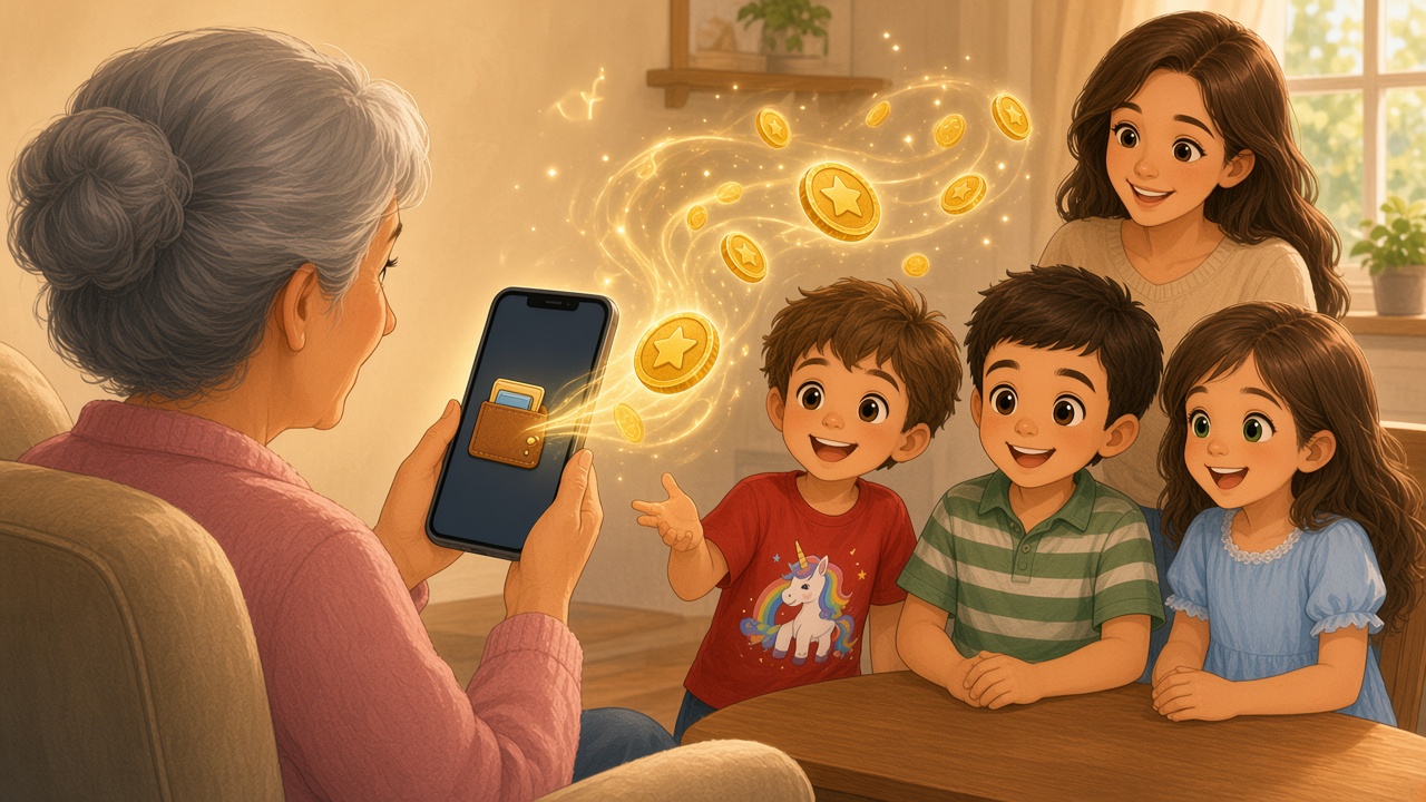 Storybook illustration: on the left, a grandma in a cosy armchair in another home holds a phone toward the viewer; a soft ribbon of golden coins flows across the frame to the right, where three kids cheer at their family's kitchen table.