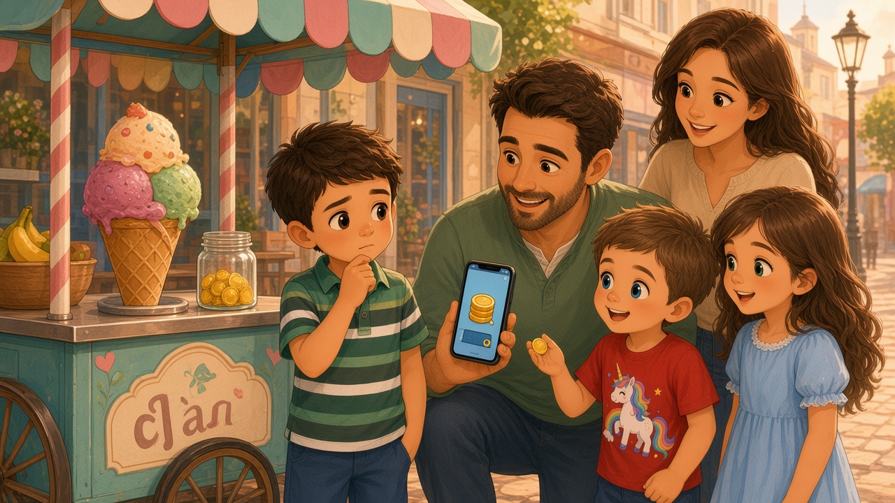 Storybook illustration: by an ice-cream cart, a boy in a green striped polo pauses with a coin in his open palm, looking between an ice-cream sign and a glass jar of golden coins, while his dad crouches beside him smiling and holds his phone toward the viewer.