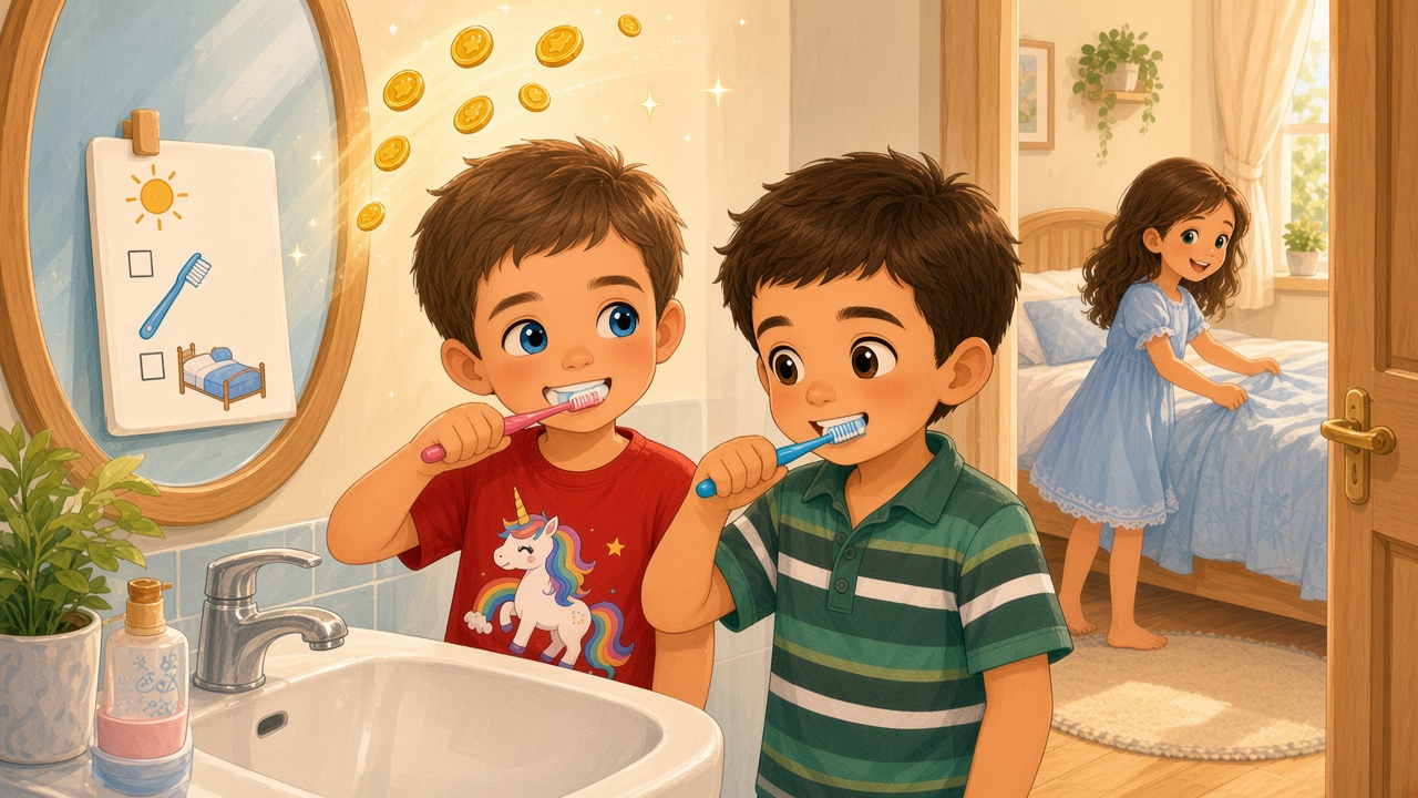 Storybook illustration: a bright morning scene where two boys brush their teeth side by side and a girl in a light blue dress smooths her bedcover, all smiling, with golden coins sparkling over a simple picture checklist on the wall.