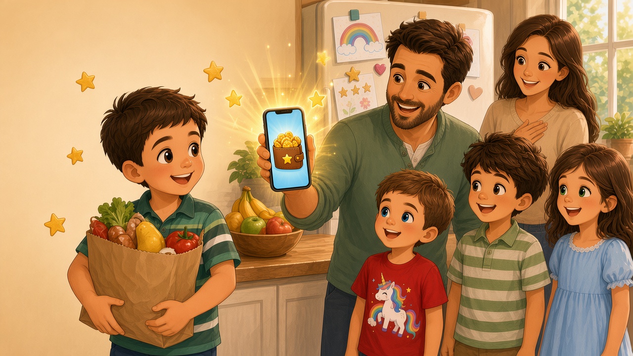 Storybook illustration: a boy in a green striped polo helps carry grocery bags without being asked while his dad notices with a proud smile, phone in hand toward the viewer, and small golden stars float around the boy.