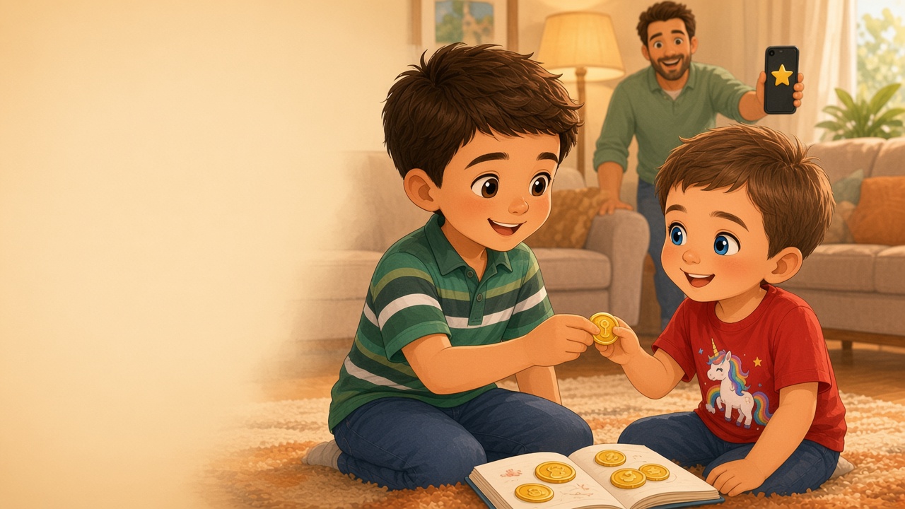 Storybook illustration: on a living-room rug, a boy in a green striped polo hands a golden coin to a smaller boy in a red unicorn T-shirt, both smiling, while their dad in the background holds his phone toward the viewer with a soft glowing arrow between two cartoon wallets.