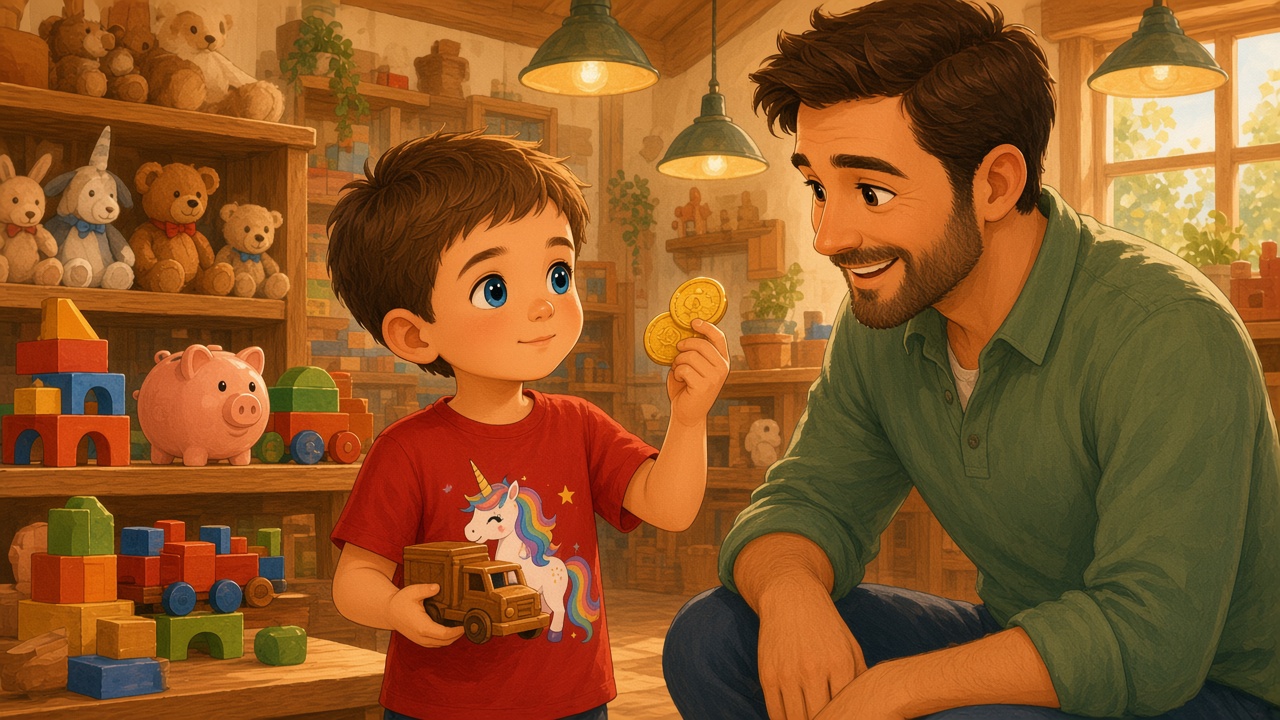 Storybook illustration: inside a cosy wooden toy shop, a small boy in a red unicorn T-shirt holds a toy truck and counts on his fingers while his dad kneels at his level, calm and warm, with golden coins glowing softly above a piggy bank.