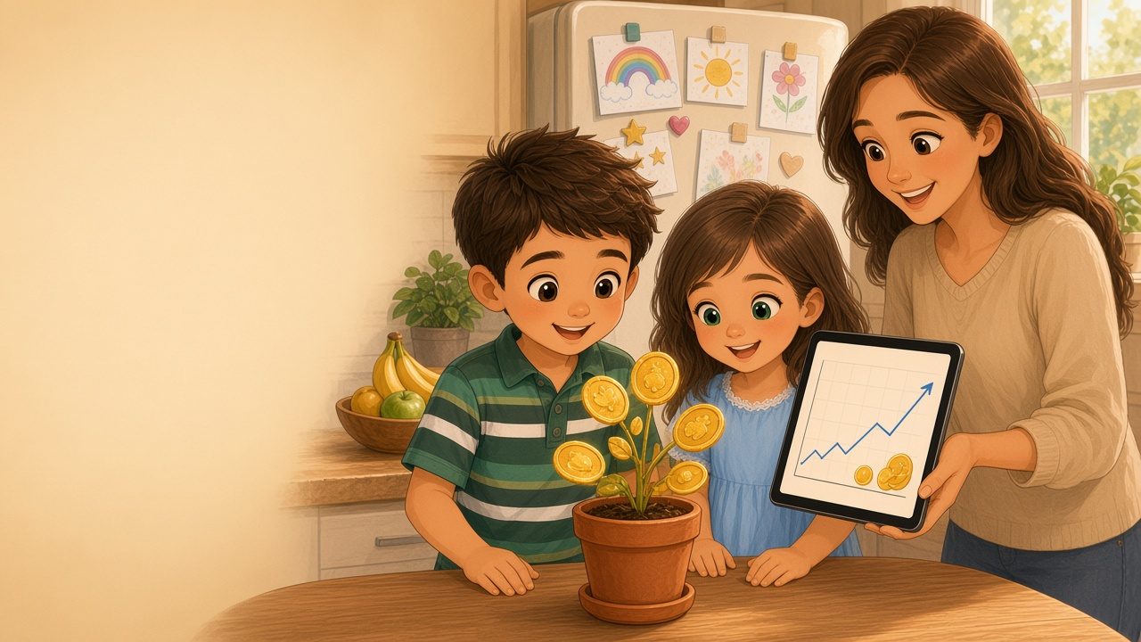 Storybook illustration: a small potted plant whose leaves are golden coins grows on the kitchen table while a girl in a light blue dress and a boy in a green striped polo watch it with wonder, and their mum holds a tablet toward the viewer.