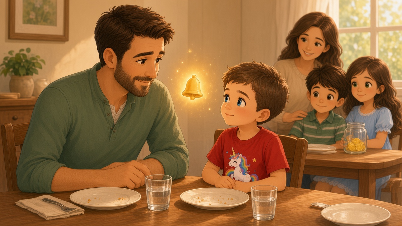 Storybook illustration: at the dining table after dinner, a dad sits calmly at eye level with a small boy in a red unicorn T-shirt, a soft yellow bell glowing between them; the mood is calm and kind, not scolding.