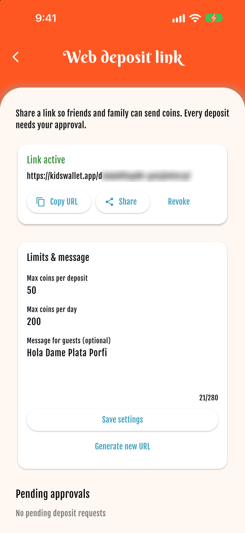 Link de depósito — Crear link y límites