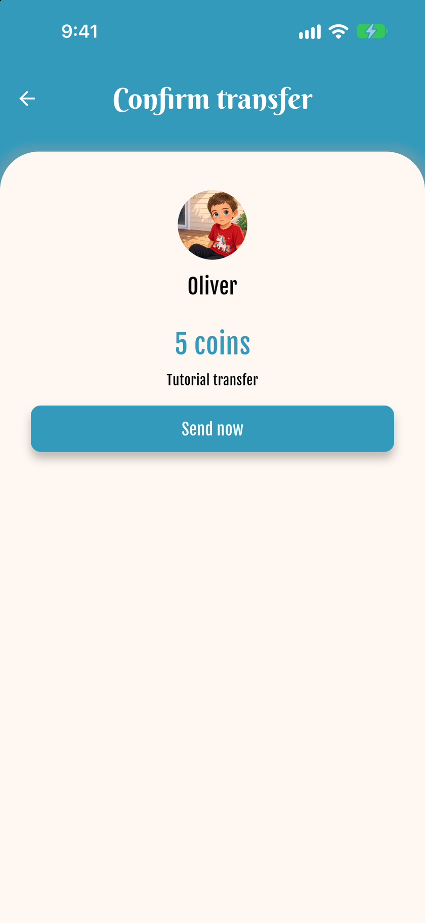 Transferir monedas — Confirmar monto y nota