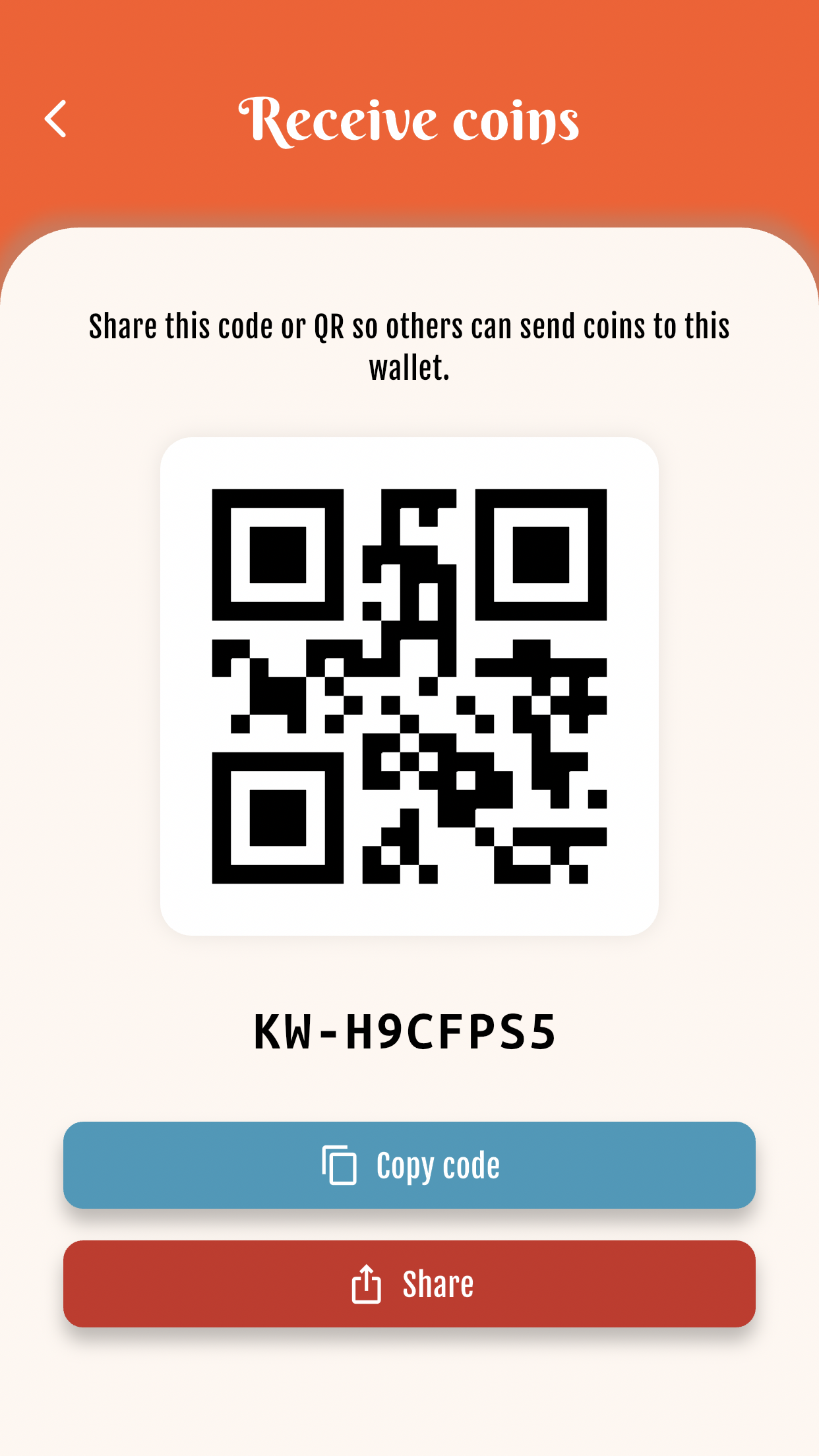 Transfer coins — Receive with code or QR